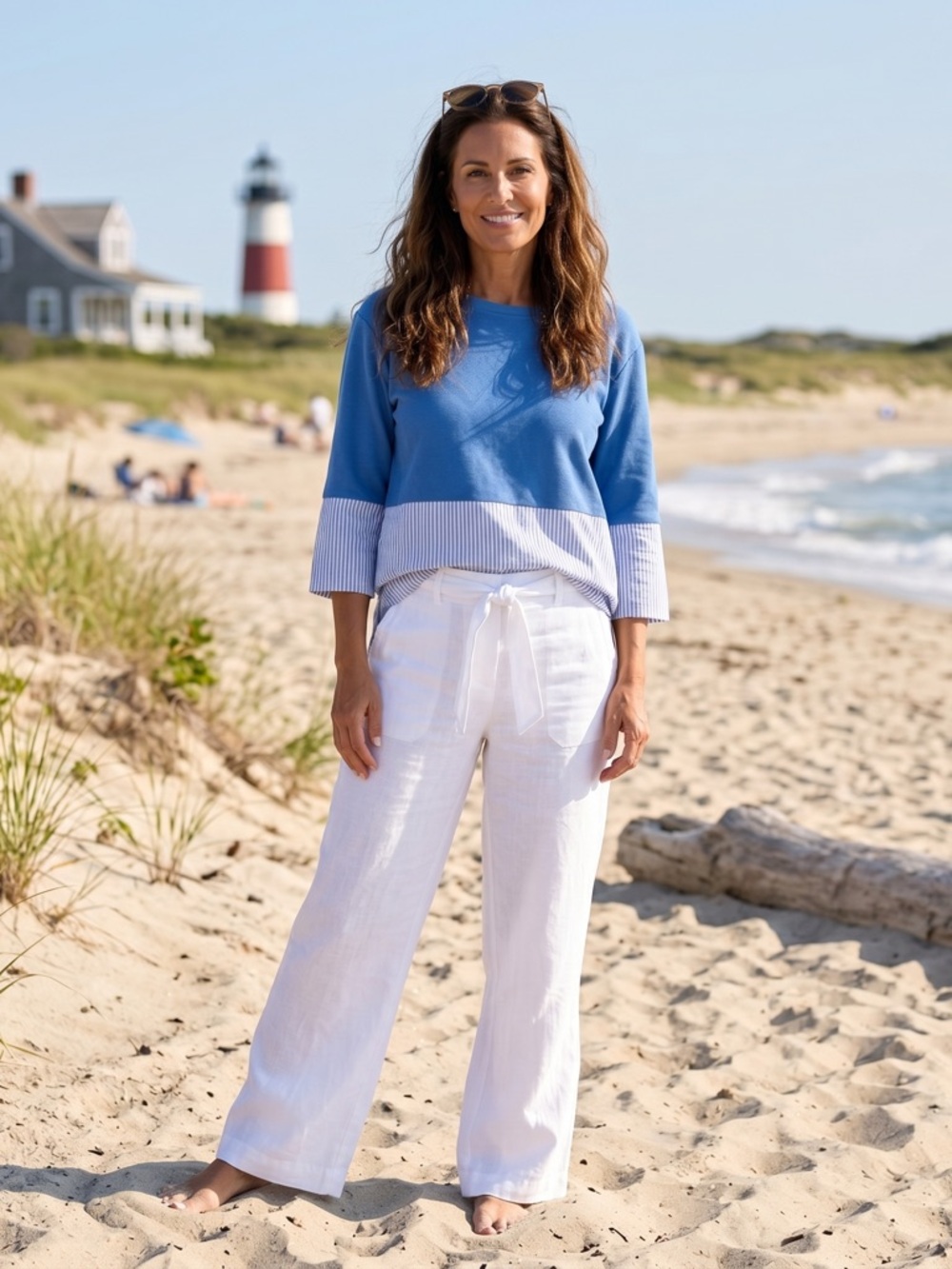 COS White & Blue Stripe Coastal Minimalist Classic 3/4 Sleeve Vacation Top Sz XS